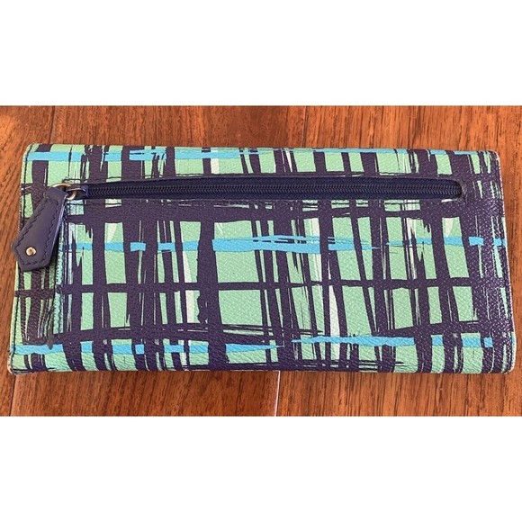Vera Bradley Large Trifold Wallet Teal/Navy Blue Art Plaid Organizer Clutch - Picture 3 of 10